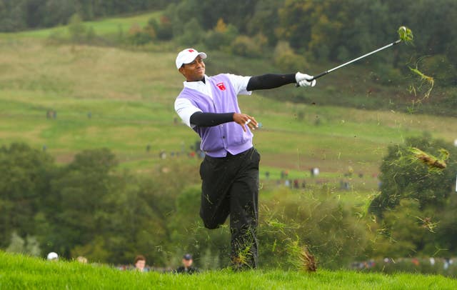 USA's Tiger Woods hits out the rough during the Ryder Cup at Celtic Manor, Newport in 2010 