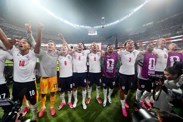 England’s Harry Kane (centre), England’s Declan Rice (centre left), Jude Bellingham (left) and team-mates celebrate
