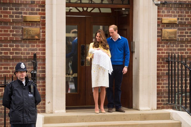 The Duke and Duchess of Cambridge with newborn Princess Charlotte outside the Lindo Wing of St Mary’s Hospital in London (Dominic Lipinski/PA)