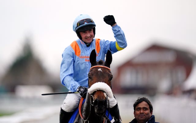 Nico de Boinville celebrates after winning at Cheltenham on Marie's Rock