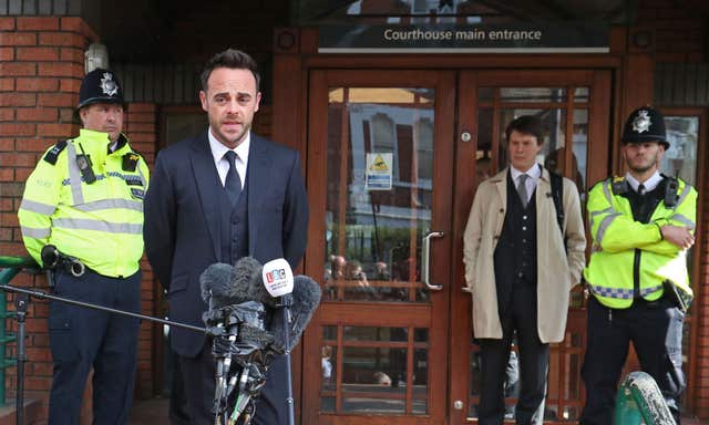 TV presenter Ant McPartlin speaking outside The Court House in Wimbledon, London, after being fined £86,000 at Wimbledon Magistrates’ Court after admitting driving while more than twice the legal alcohol limit (Jonathan Brady/PA)
