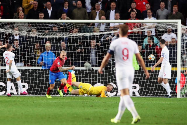 Czech Republic's Zdenek Ondrasek (second left) celebrates scoring his side's second goal against England in October 