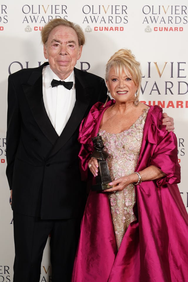 Lord Andrew Lloyd Webber with Elaine Paige and her Special Award at the Olivier Awards