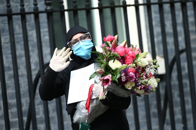 A bouquet of flowers is delivered to Downing Street on behalf of Prime Minister of Pakistan Imran Khan, after it was announced that Carrie Symonds had given birth to a baby boy