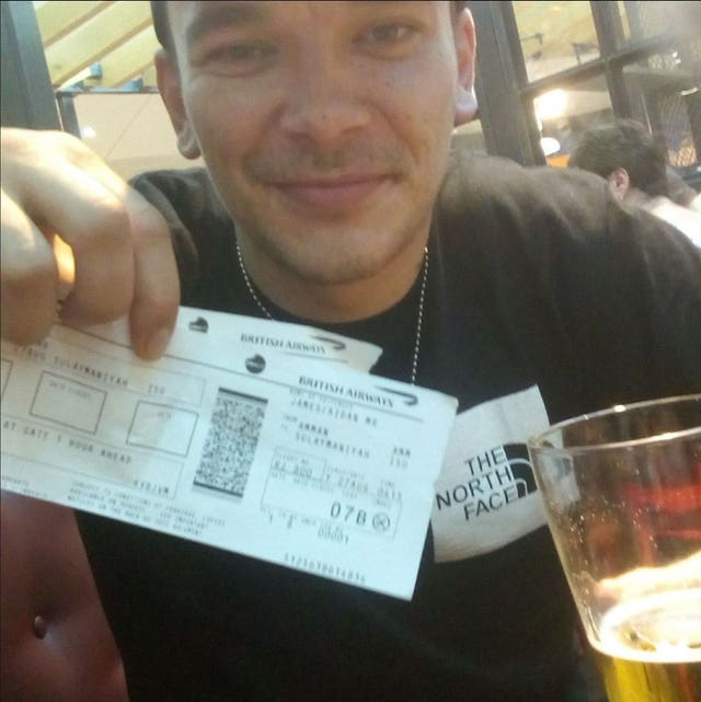 Facebook post of Aidan James in August 2017 of himself holding plane tickets