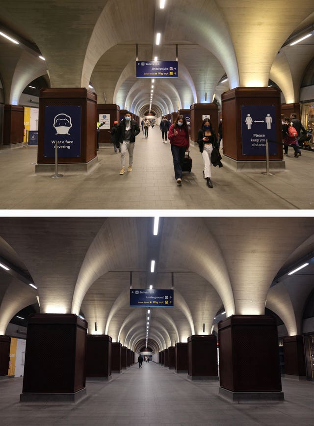 Composite of photos of London Bridge station taken today (top) and the same view on 24/03/20 (bottom), the day after Prime Minister Boris Johnson put the UK in lockdown