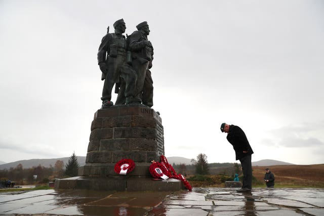 A small number of serving and former Royal Marine Commandos at the Commando Memorial at Spean Bridge, near Fort William, for the annual Remembrance Sunday ceremony