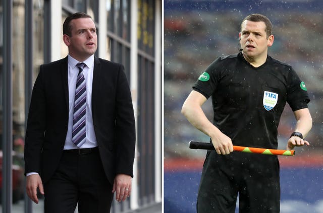Composite of Douglas Ross in a suit and as an assistant referee