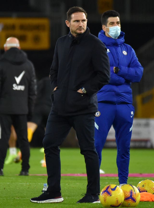 Frank Lampard watched the players warm-up at Wolves