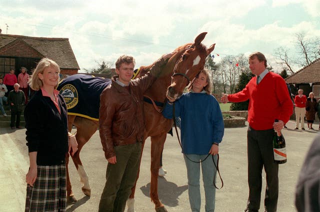 Grand National winner Mr Frisk poses outside his stable in Lambourn
