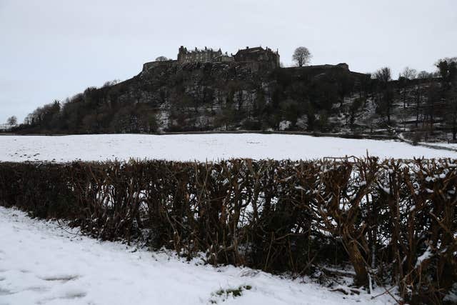 Stirling Castle after snowfall in central Scotland. (PA)