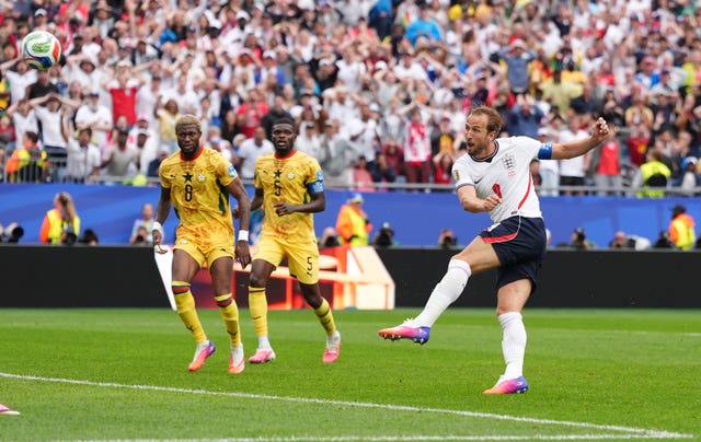 England’s Harry Kane shoots over the bar against Ghana