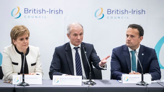 First Minister of Scotland Nicola Sturgeon, Cabinet Office Minister David Lidington and Taoiseach Leo Varadkar during a press conference a British Irish Council summit meeting in Manchester