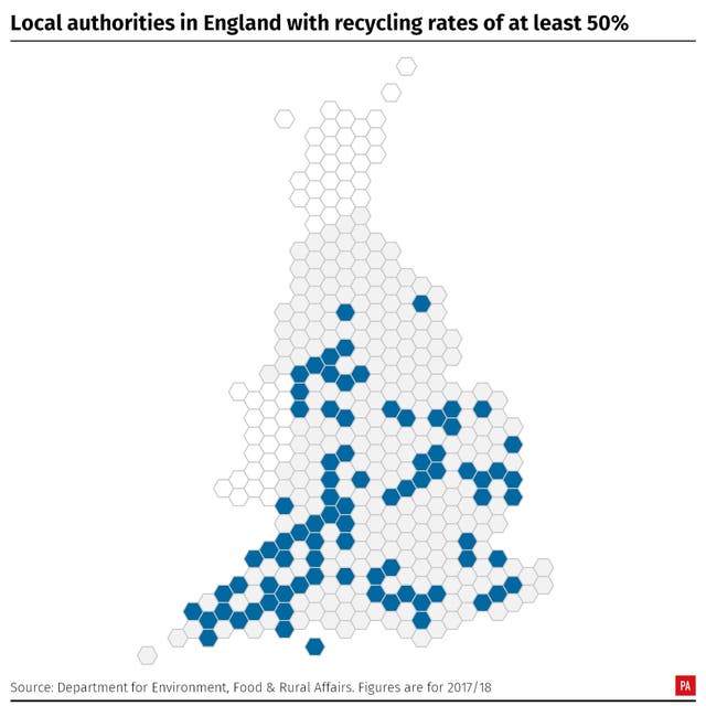Local authorities in England with recycling rates of at least 50%. 