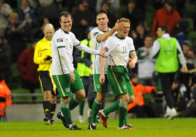 Republic of Ireland midfielder Damien Duff (right) is congratulated by his team-mates after scoring in a 3-0 Nations Cup win over Wales in February 2011