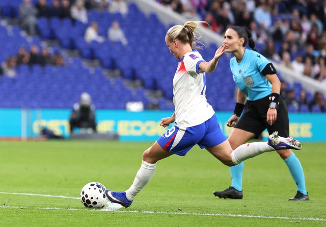 England’s Beth Mead scores from a free-kick against Ukraine