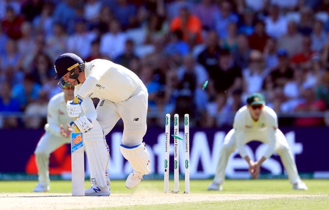 Jason Roy is bowled by Pat Cummins, not pictured, at Headingley