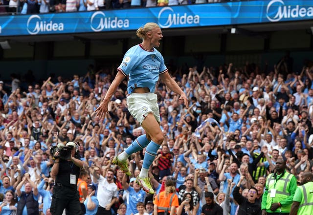 Erling Haaland celebrates scoring his hat-trick in Manchester City's 4-2 win against Crystal Palace