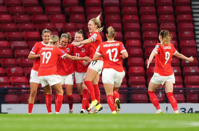 Austria’s Julia Hickelsberger celebrates scoring