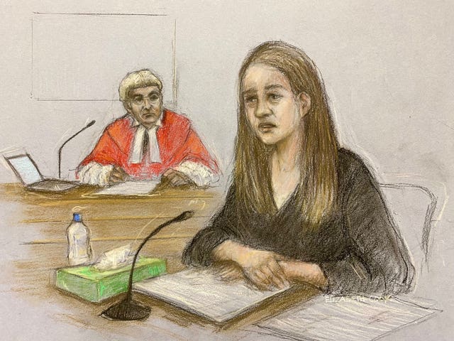 Court artist sketch by Elizabeth Cook of Lucy Letby giving evidence in the dock at Manchester Crown Court