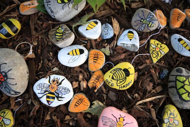 Bees painted on stones left in tribute to all the victims of the Manchester Arena terror attack (Peter Byrne/PA)