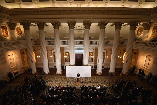 Prime Minister Theresa May delivers a speech at the Mansion House in London on the UK's economic partnership with the EU after Brexit. (Leon Neal/PA)