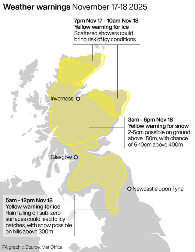 A PA graphic showing weather warnings for November 17-18