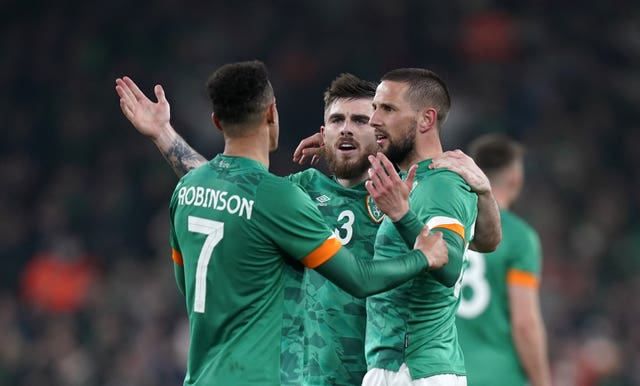 Republic of Ireland players react to a disallowed goa