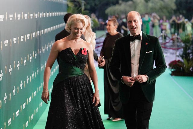 Hannah Waddingham walks with the Prince of Wales as he arrives for the 2023 Earthshot Prize awards ceremony at The Theatre at Mediacorp, Singapore