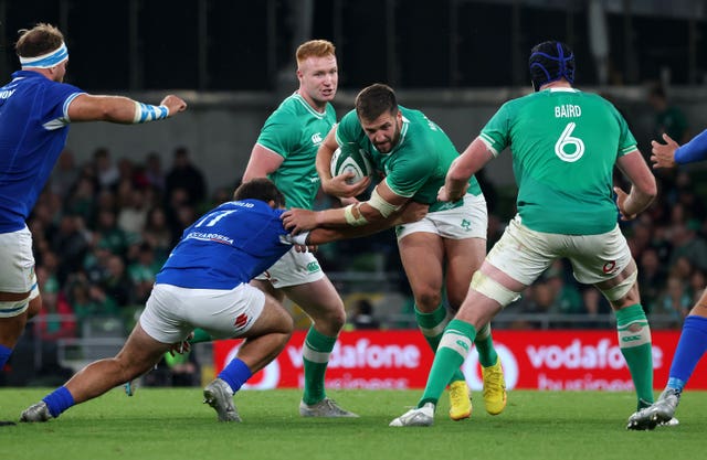 Stuart McCloskey, with ball, is back in France following a trip home for the birth of his second child