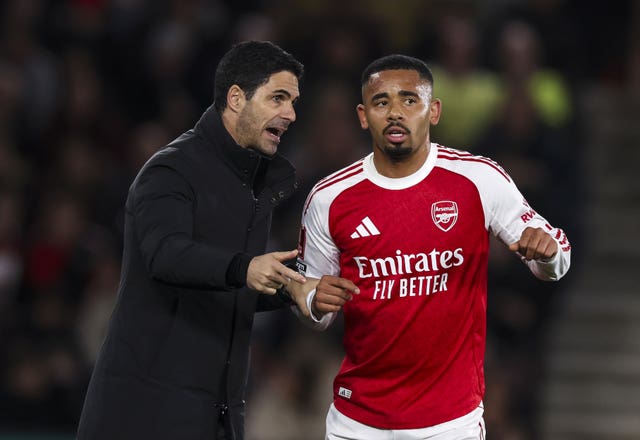 Gabriel Jesus, right, with Arsenal manager Mikel Arteta