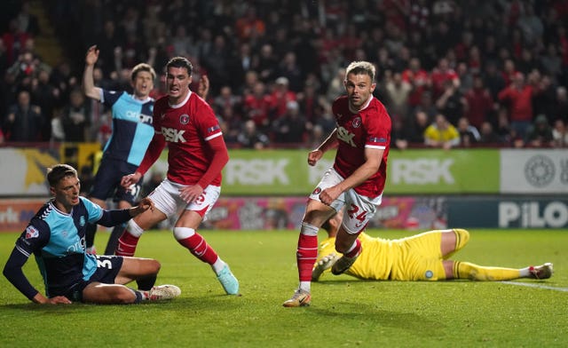 Charlton Athletic’s Matt Godden celebrates scoring against Wycombe at The Valley