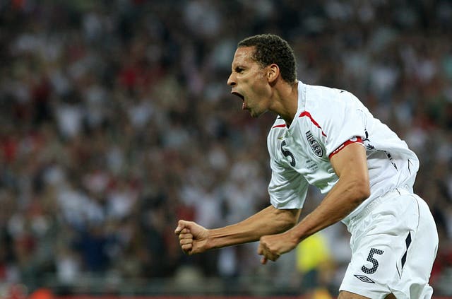 Rio Ferdinand celebrates his goal against Kazakhstan in 2008