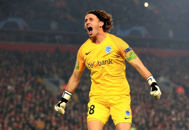 Genk goalkeeper Gaetan Coucke celebrates his side’s equaliser