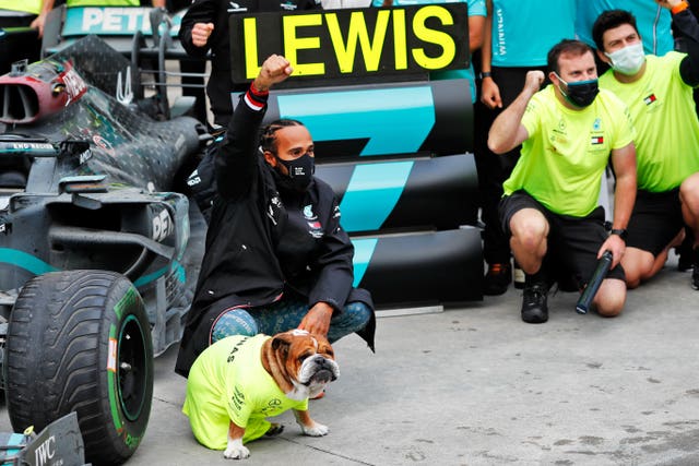 Lewis Hamilton celebrates winning his seventh world title in Turkey