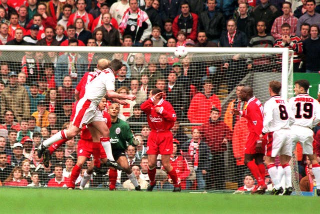 Gary Pallister stunned the Kop as the United defender scored twice in a 3-1 win at Anfield in April 1997.