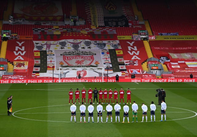 Liverpool and Aston Villa stand in tribute to the late Duke of Edinburgh