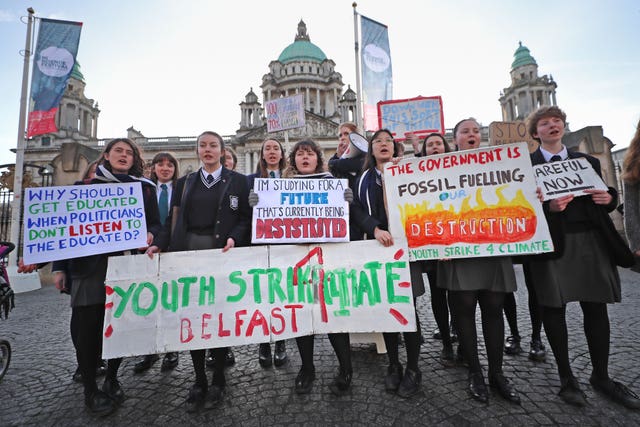 Pupils from Methodist College Belfast at a climate change protest outside Belfast City Hall
