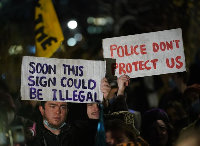 Demonstrators take part in a ‘Kill The Bill’ protest against The Police, Crime, Sentencing and Courts Bill, on College Green, Westminster