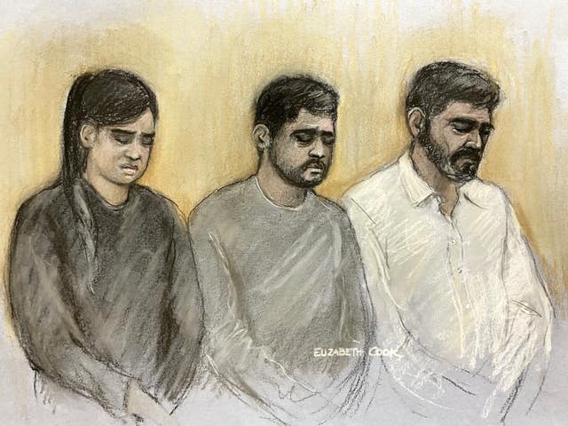Court artist sketch of (left to right) Beinash Batool, uncle Faisal Malik and father Urfan Sharif