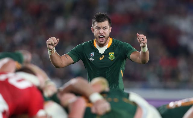 South Africa's Handre Pollard celebrates their semi-final victory over Wales