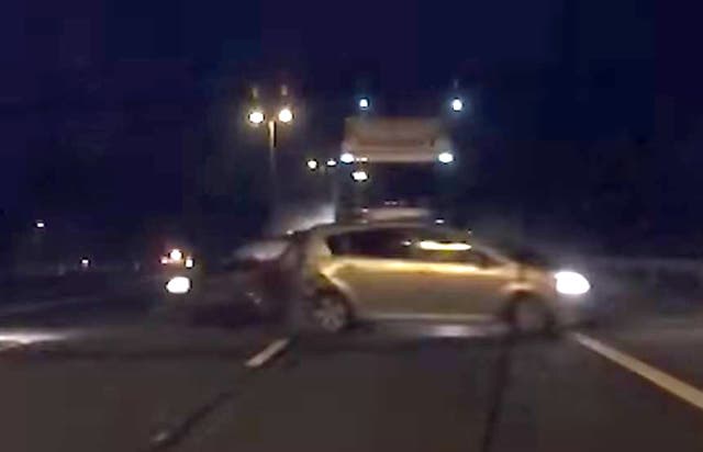 A car is turned 90 degrees after being hit by the lorry (West Midlands Police/PA)