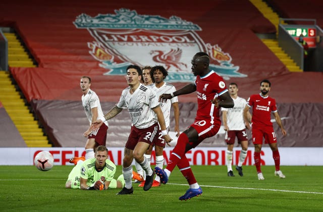 Liverpool’s Sadio Mane scores against Arsenal at Anfield