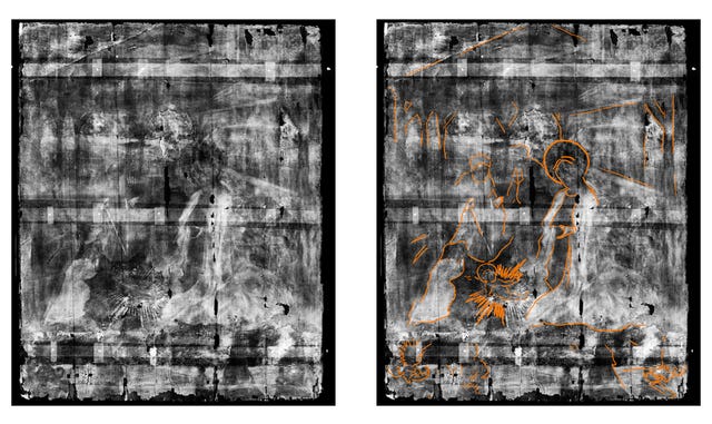 An X-ray comparison between marked and unmarked versions of the hidden 16th century painting