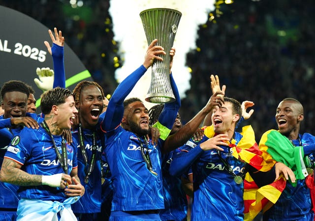 Chelsea’s Reece James lifts the UEFA Conference League trophy after victory in the 2025 final