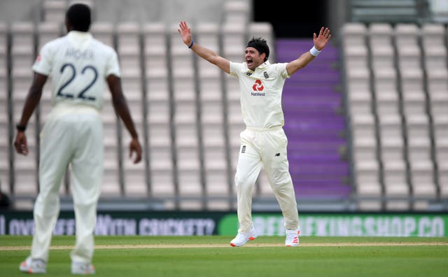 England’s James Anderson appeals for the wicket of John Campbell 