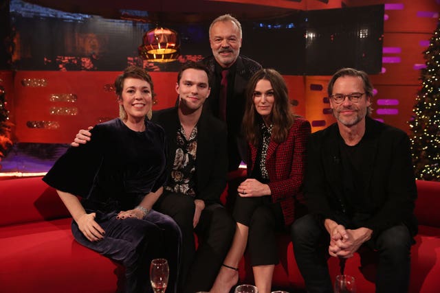 Host Graham Norton with (seated left to right) Olivia Colman, Nicholas Hoult, Keira Knightley and Guy Pearce during the filming for the Graham Norton Show
