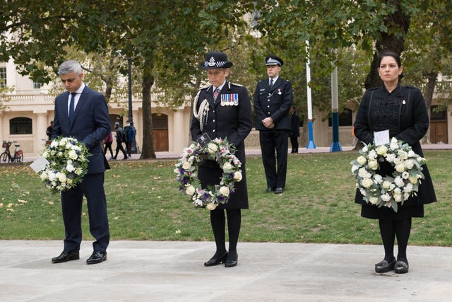 London Mayor Sadiq Khan, Metropolitan Police Commissioner Dame Cressida Dick and Home Secretary Priti Patel at the National Police Memorial in London
