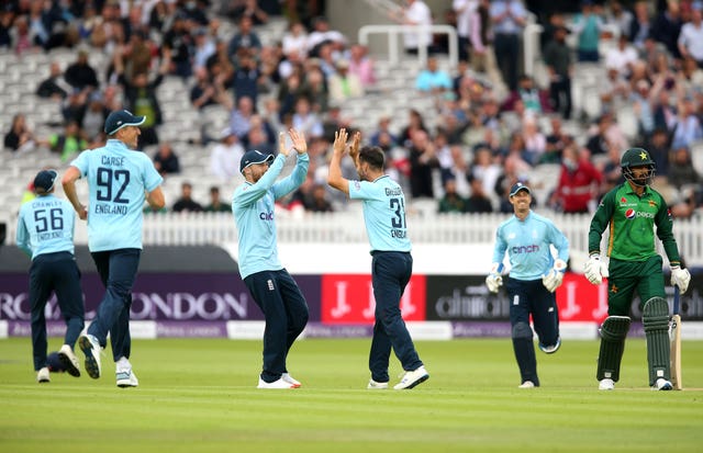 Lewis Gregory (centre) impressed with ball and bat for England