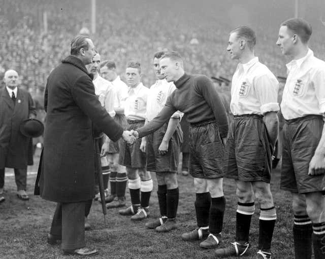 The Duke of Gloucester shakes hands with Harry Hibbs before England v Scotland at Wembley in 1930